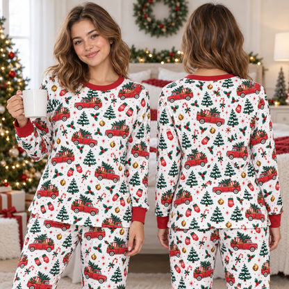 Overall view of the holiday pattern on the pajama set