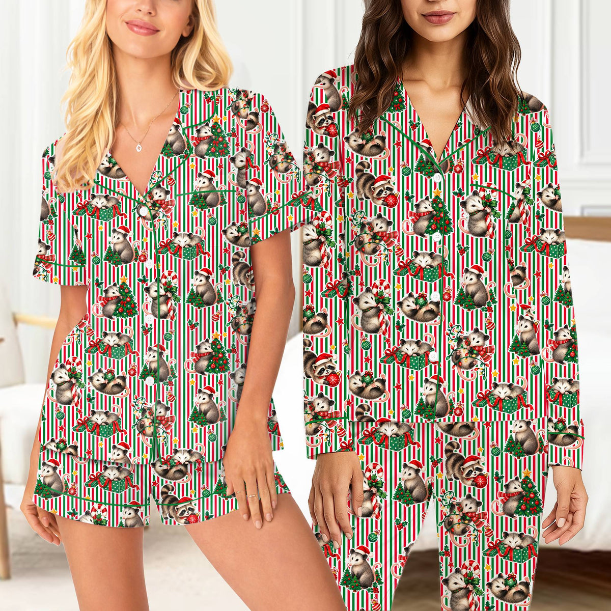 Festive raccoon christmas pajama set with red and green stripes, main view