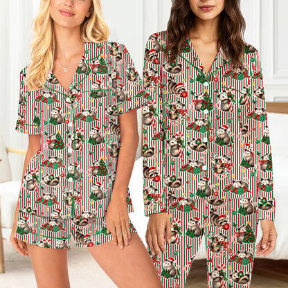 Festive raccoon christmas pajama set with red and green stripes, main view