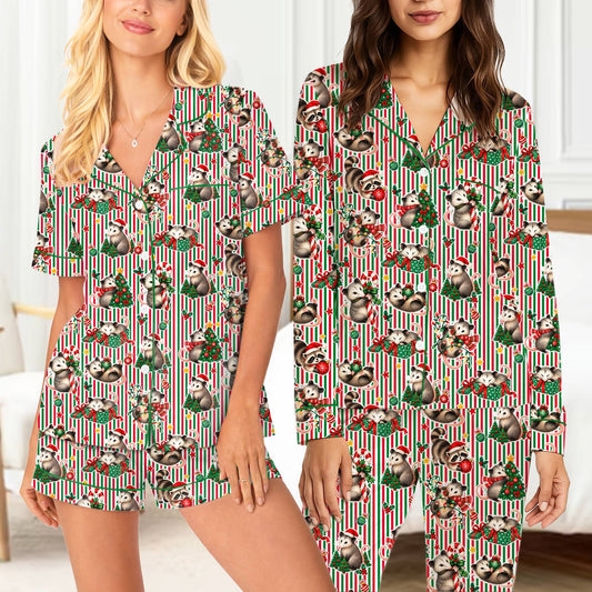 Festive raccoon christmas pajama set with red and green stripes, main view