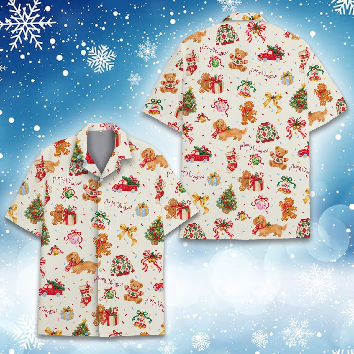 Christmas pajama set with holiday print, front view