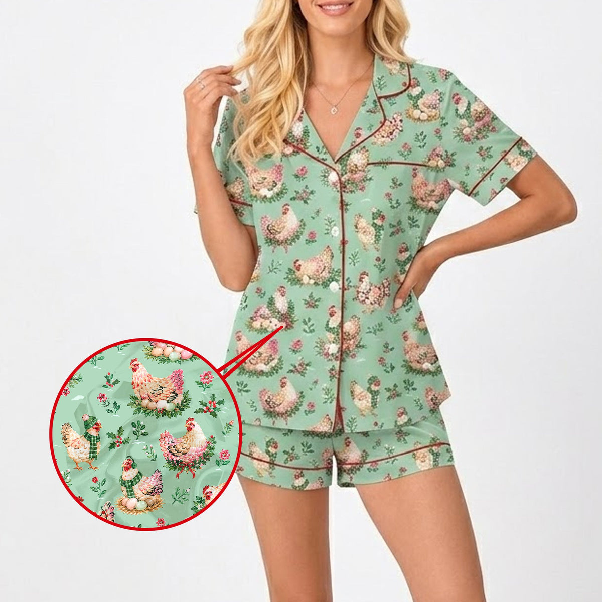 Family matching xmas pajamas featuring festive chickens and eggs on a light green background, main view