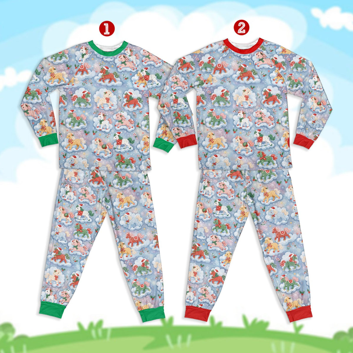 Front view of the light blue holiday matching family pajamas
