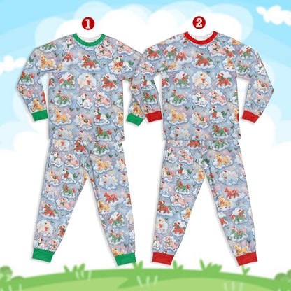 Matching family christmas pajama set featuring a festive horse and unicorn pattern, main view