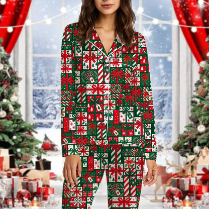 Front view of the matching family pajamas featuring holiday gifts