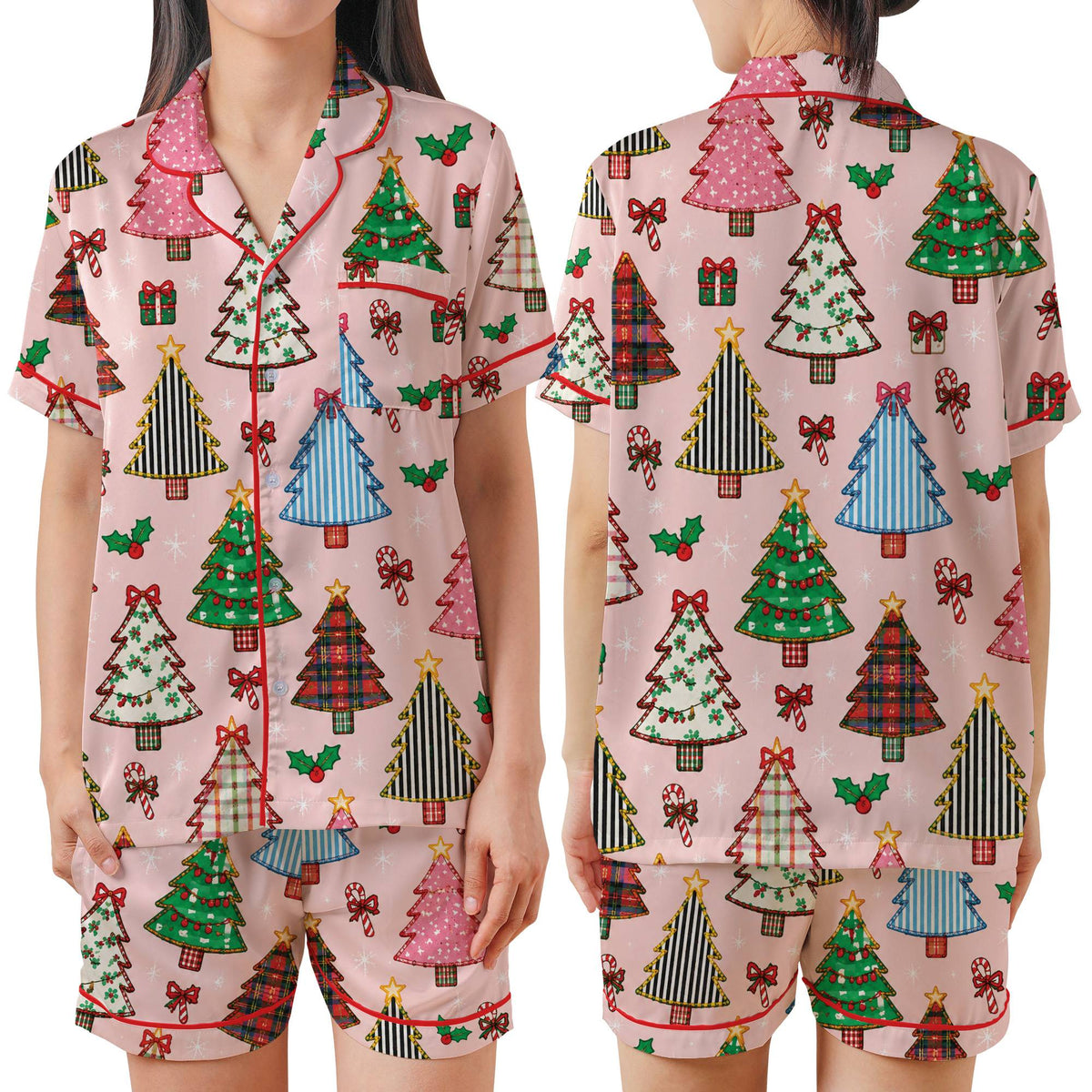 Main view of the pink patterned christmas pajama set featuring colorful holiday trees