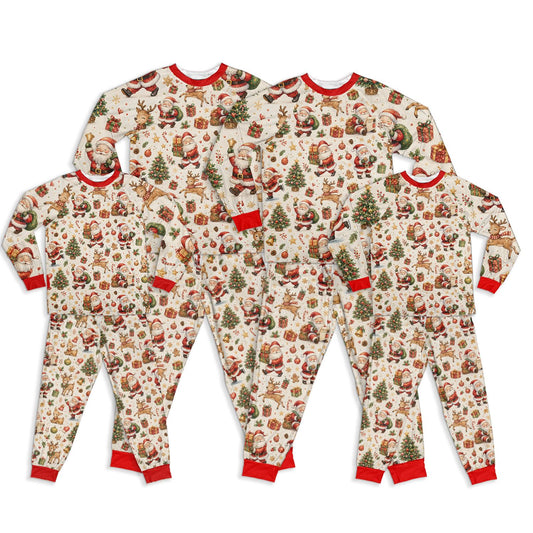 Matching family christmas pajama set featuring Santa and reindeer pattern on a beige background, front view