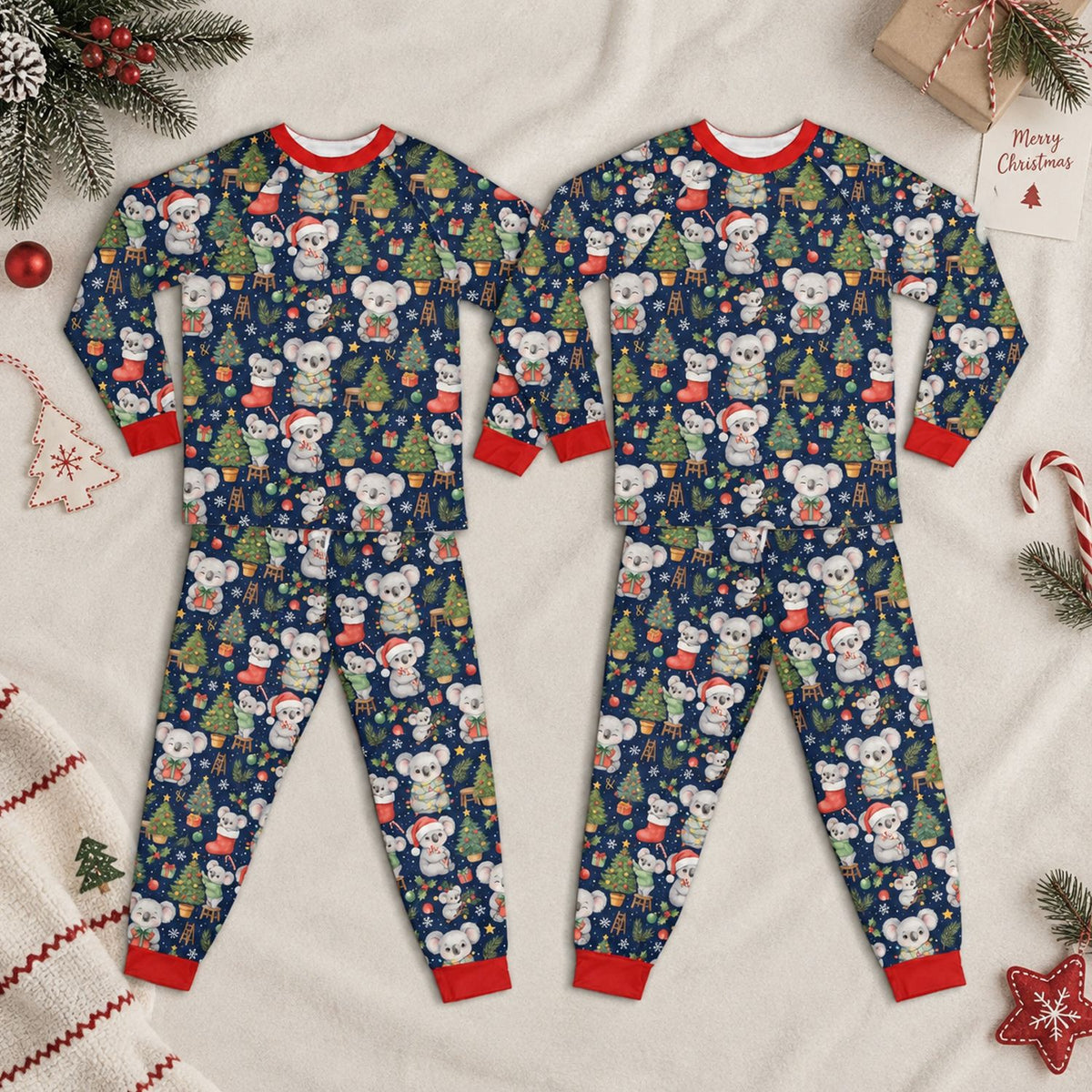 Front view of the christmas pajama set top featuring holiday koala design