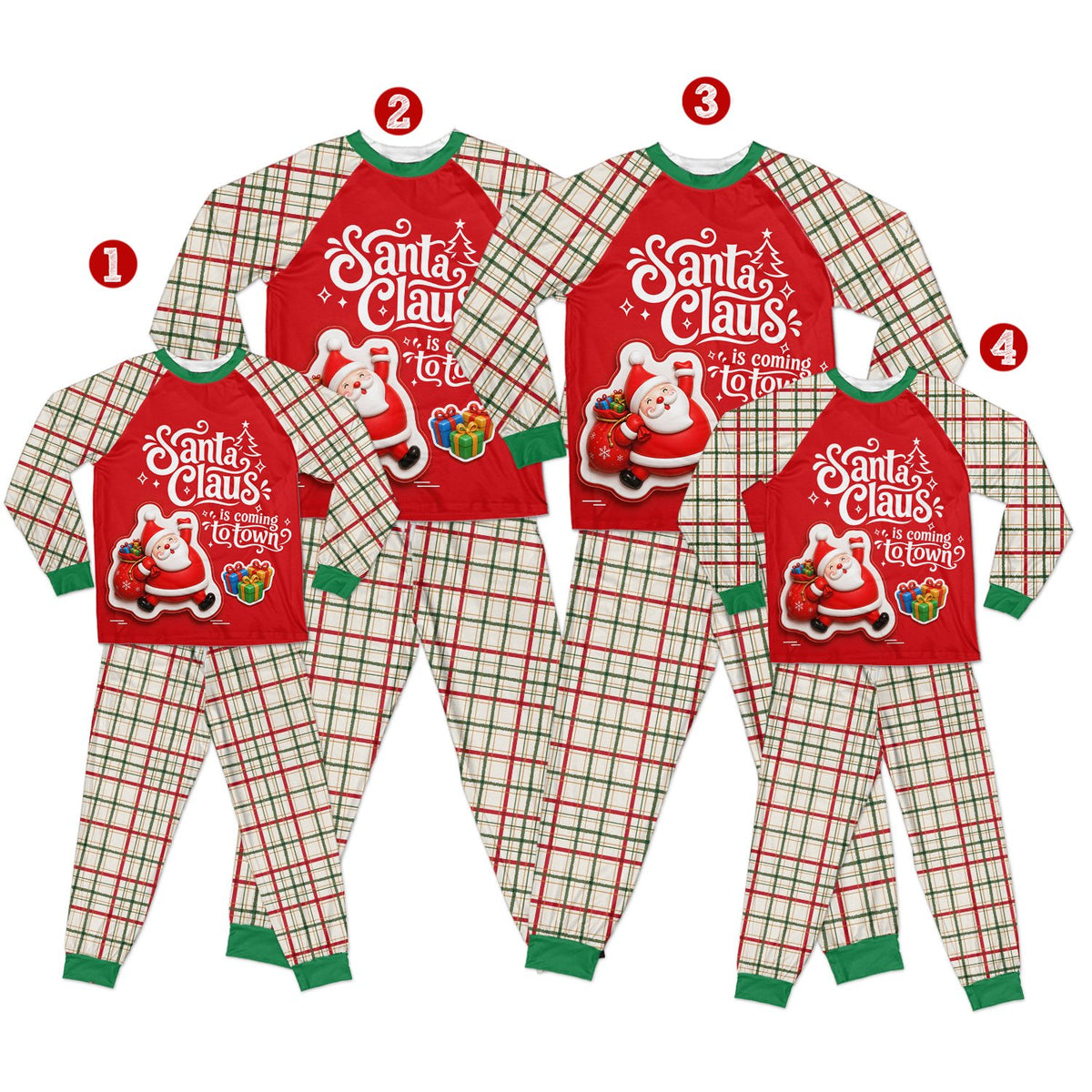 Front view of matching family christmas pajama set with Santa Claus design