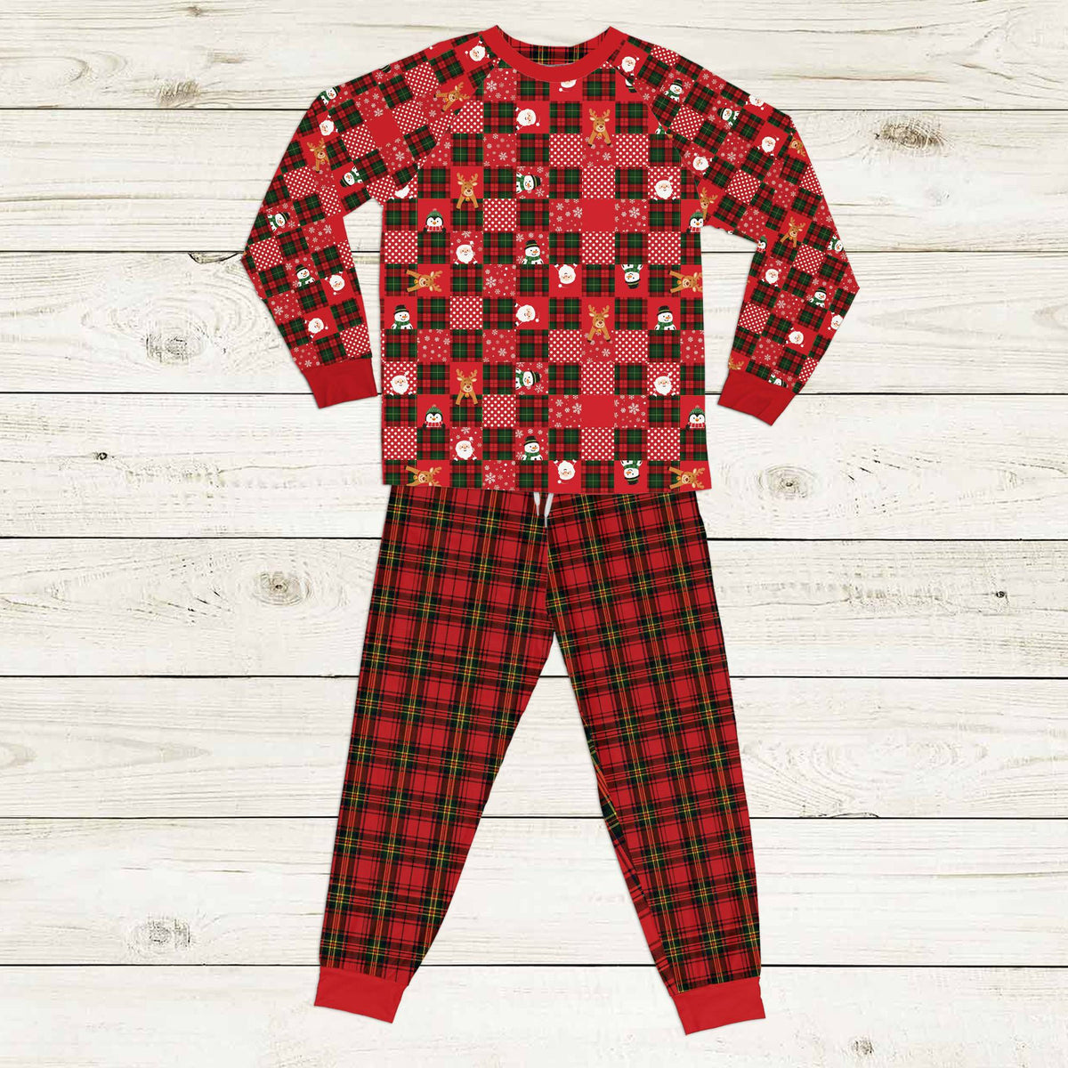 Front view of the matching family christmas pajama set featuring holiday illustrations