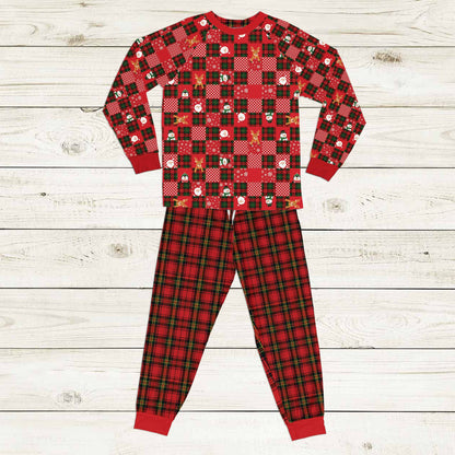 Front view of the matching family christmas pajama set featuring holiday illustrations