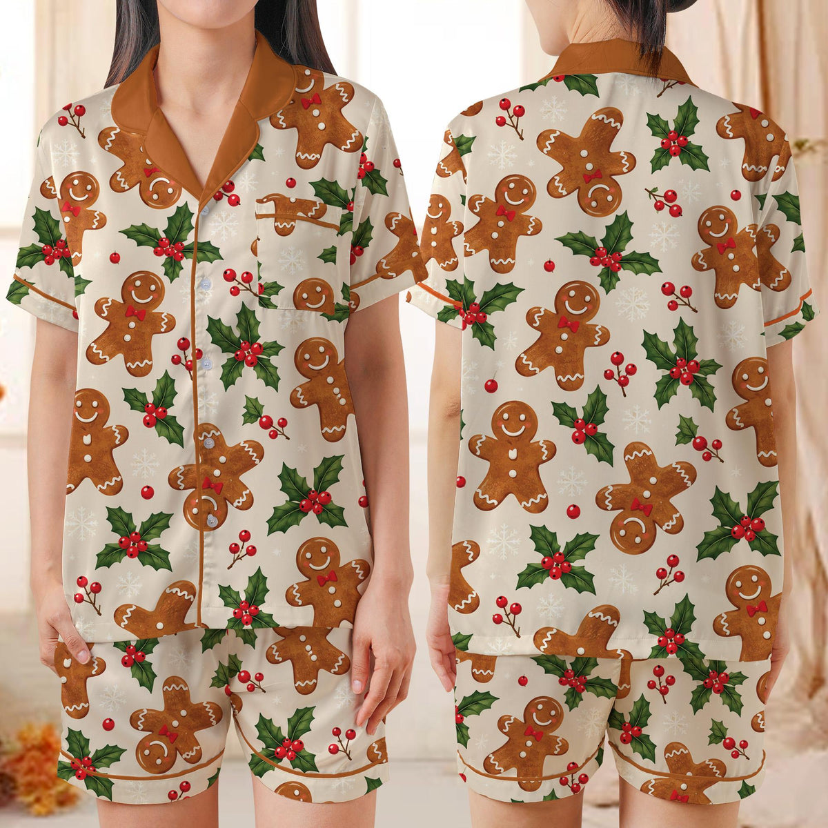 Matching family christmas pajama set featuring gingerbread men, main view