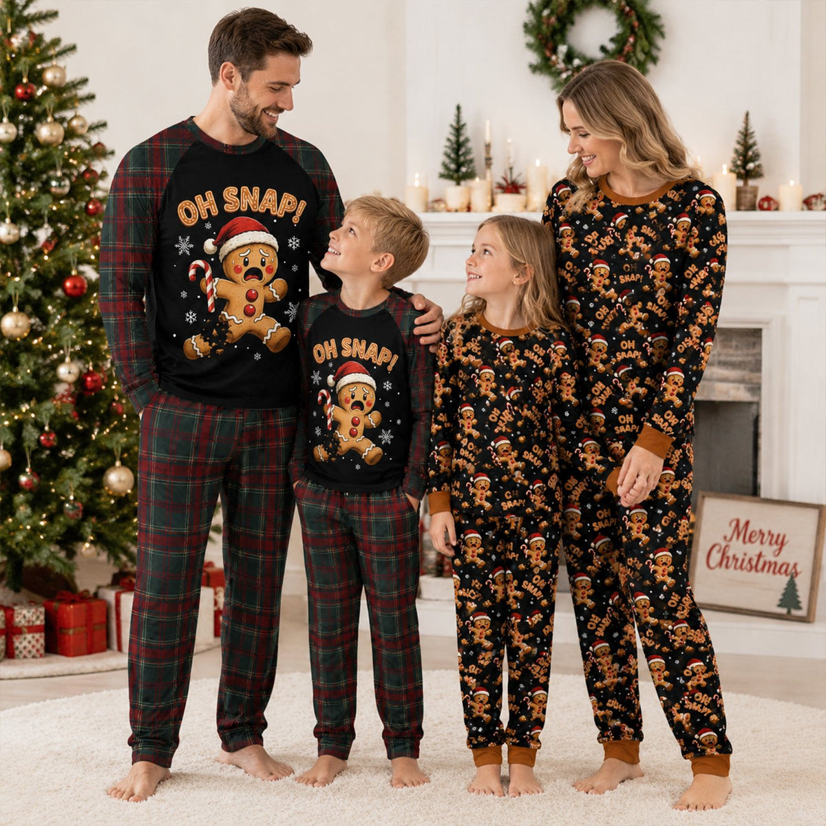 Christmas pajama set with Oh Snap gingerbread man design and plaid pants, front view