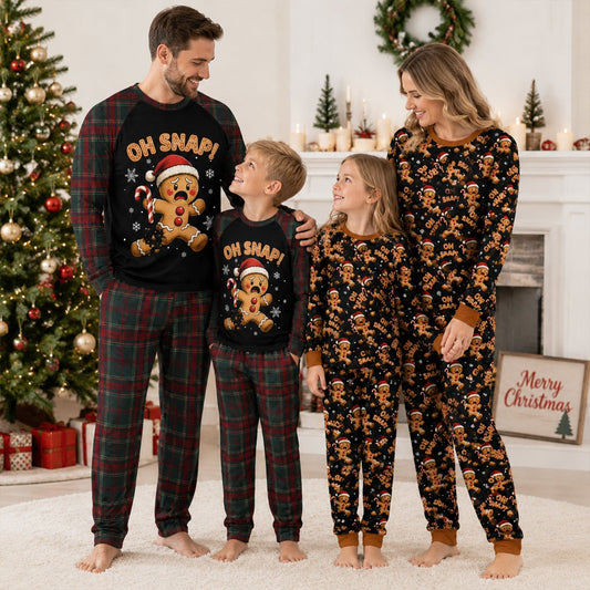 Christmas pajama set with Oh Snap gingerbread man design and plaid pants, front view