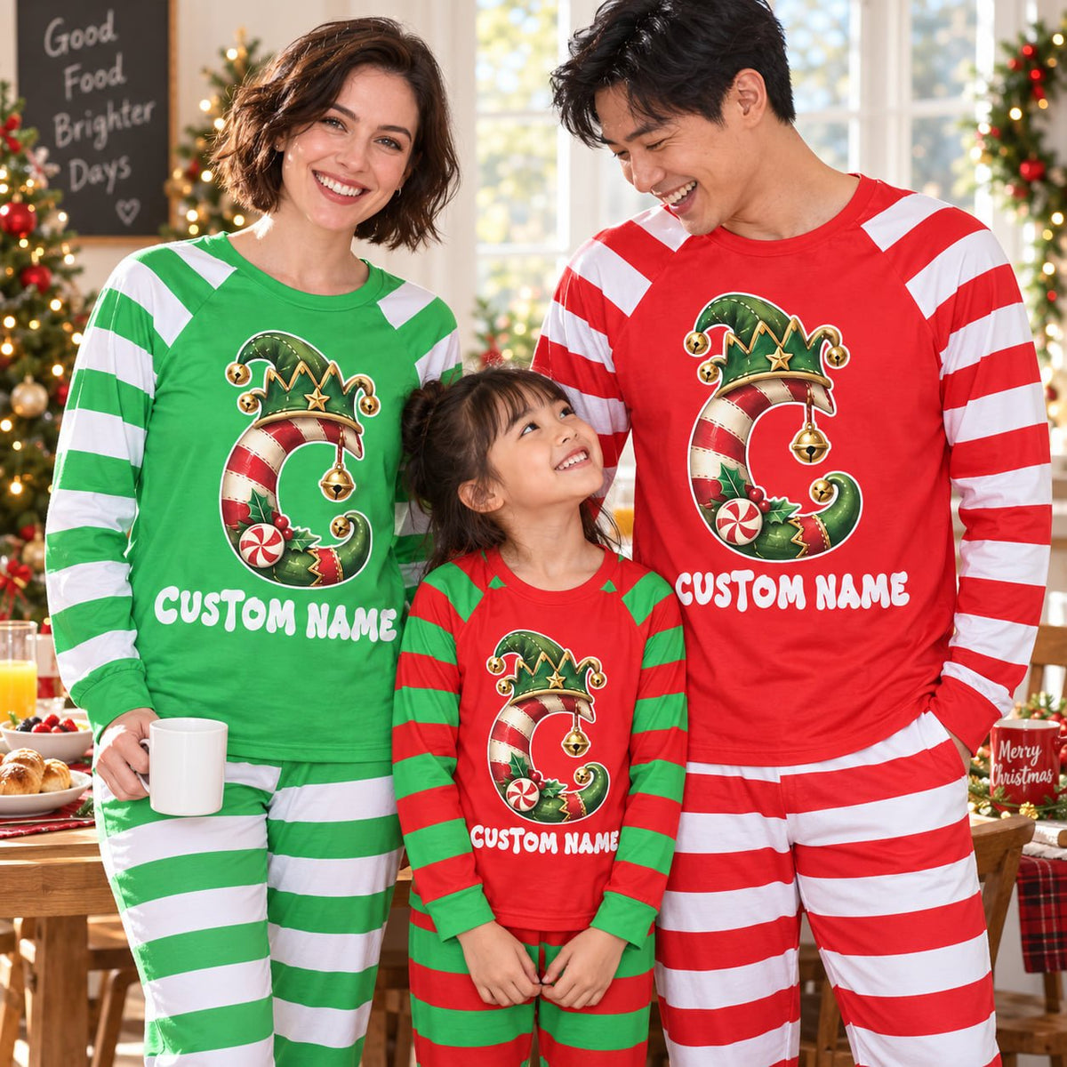 Lifestyle view of a family wearing the personalized christmas pajama set