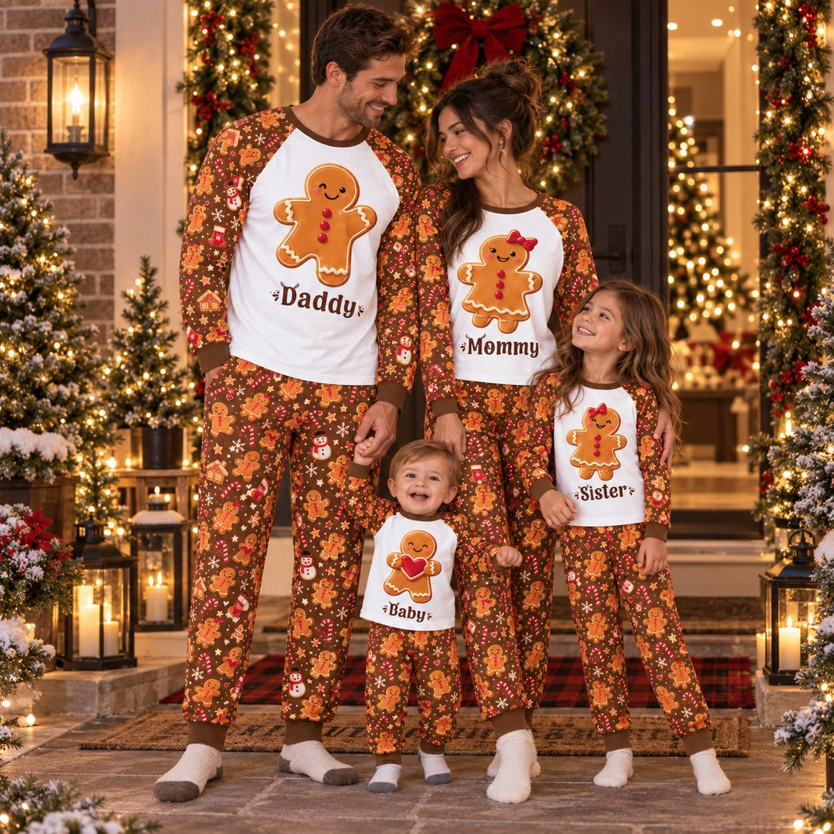 Family wearing matching xmas family pajamas with a gingerbread holiday pattern