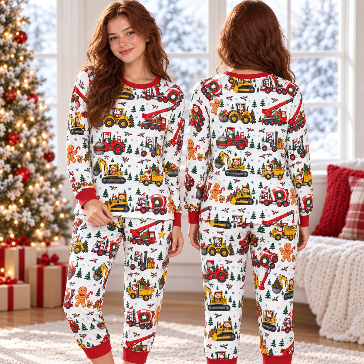 Lifestyle view of the construction-themed matching xmas family pajamas