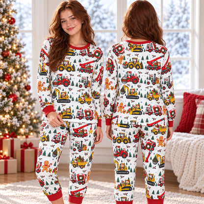 Lifestyle view of the construction-themed matching xmas family pajamas