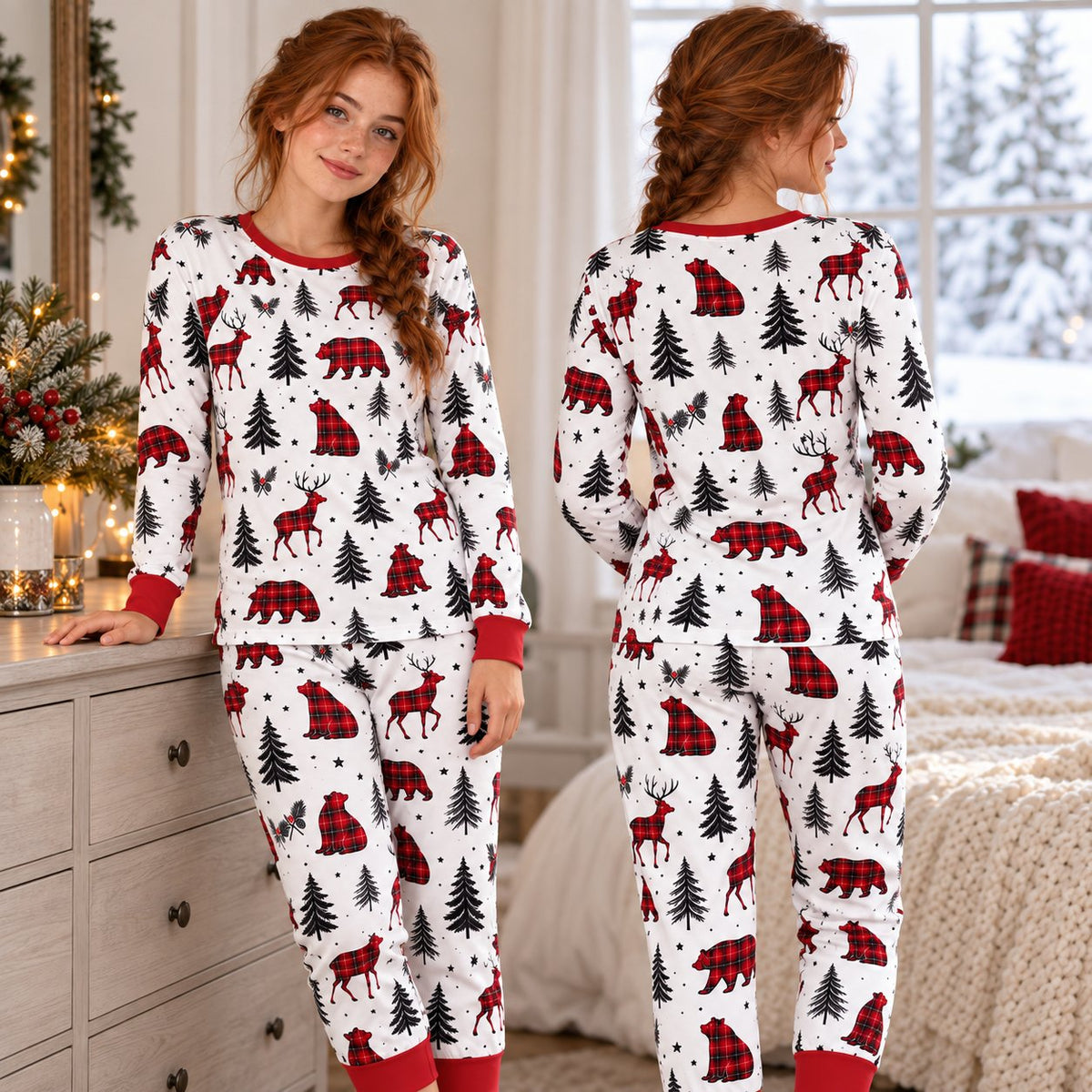 Family enjoying the holidays wearing the plaid bear matching xmas family pajamas