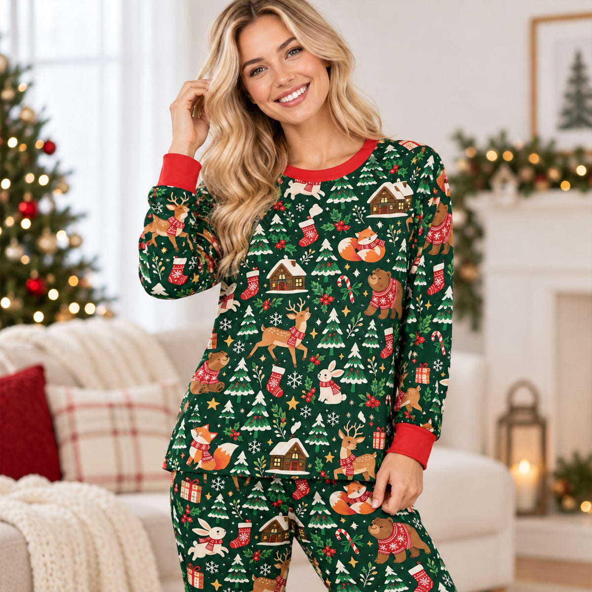 Family wearing the matching holiday woodland christmas pajama set in a cozy lifestyle setting.