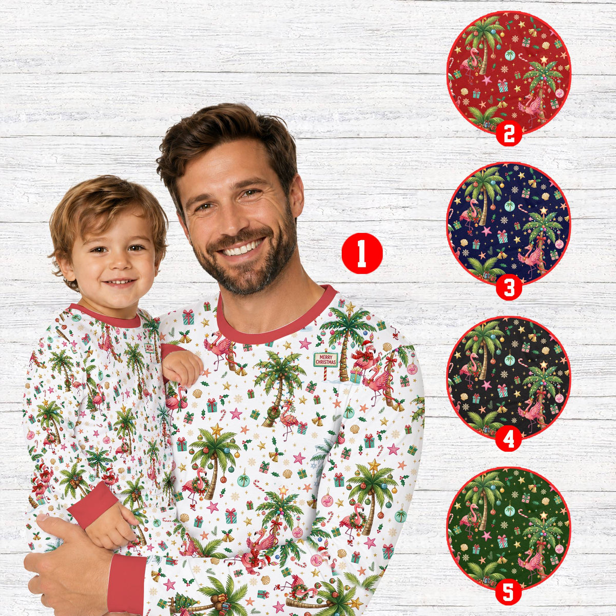 Lifestyle view of family wearing matching tropical flamingo Christmas pajamas