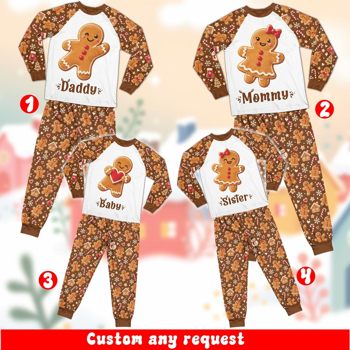 Group wearing matching christmas pajamas for family lounging together
