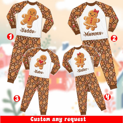 Group wearing matching christmas pajamas for family lounging together