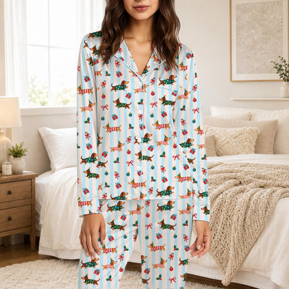 Another lifestyle view showing the festive dachshund pajama set