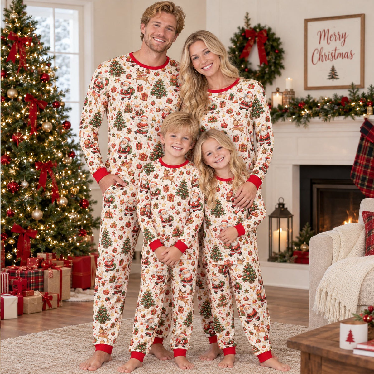 Lifestyle view of holiday matching family pajamas during a festive morning