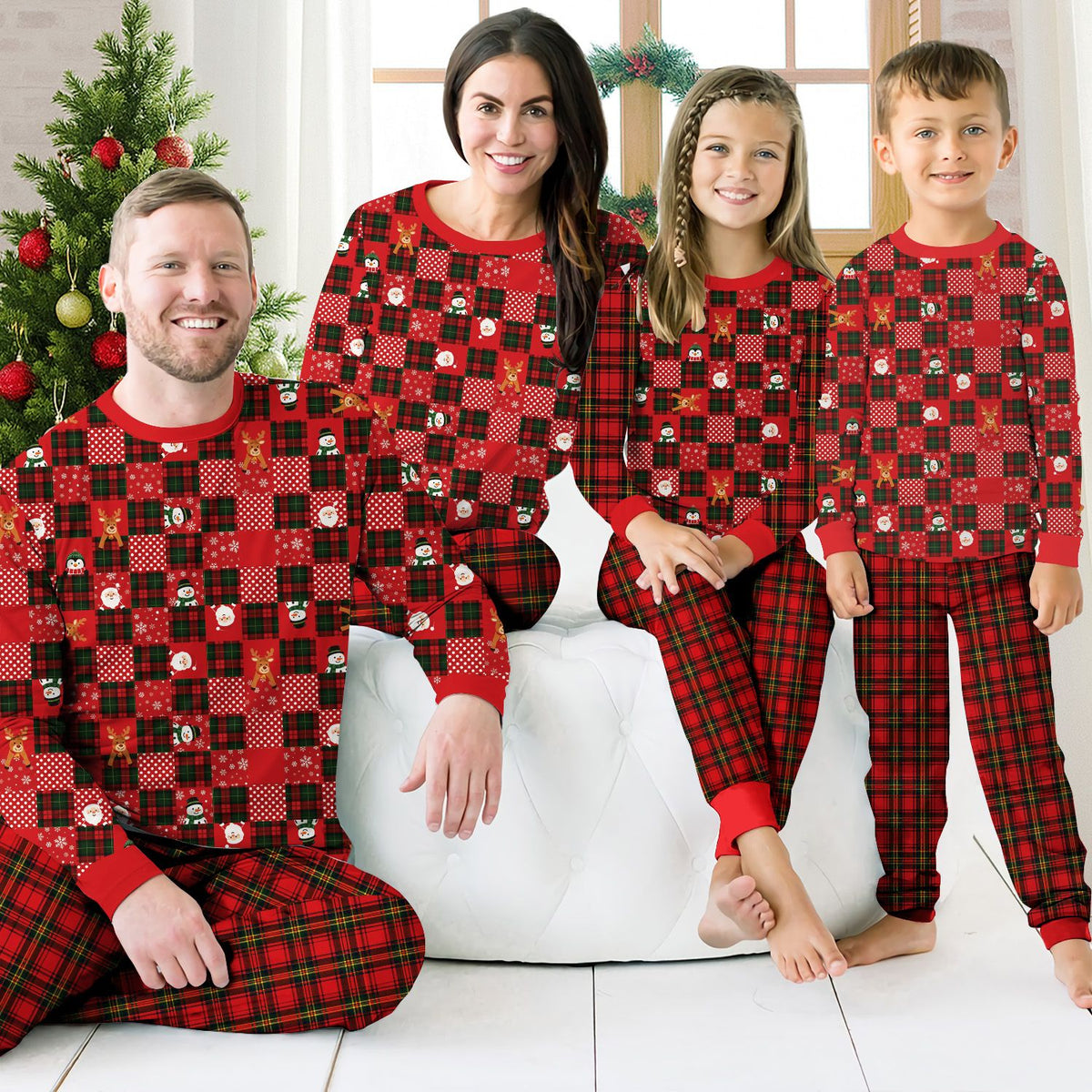 Second lifestyle view showing the family christmas matching pajamas in a cozy holiday setting