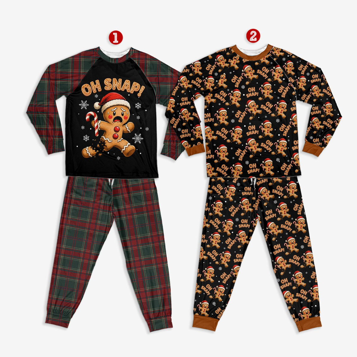 Matching family xmas pajamas featuring gingerbread man print, lifestyle setting