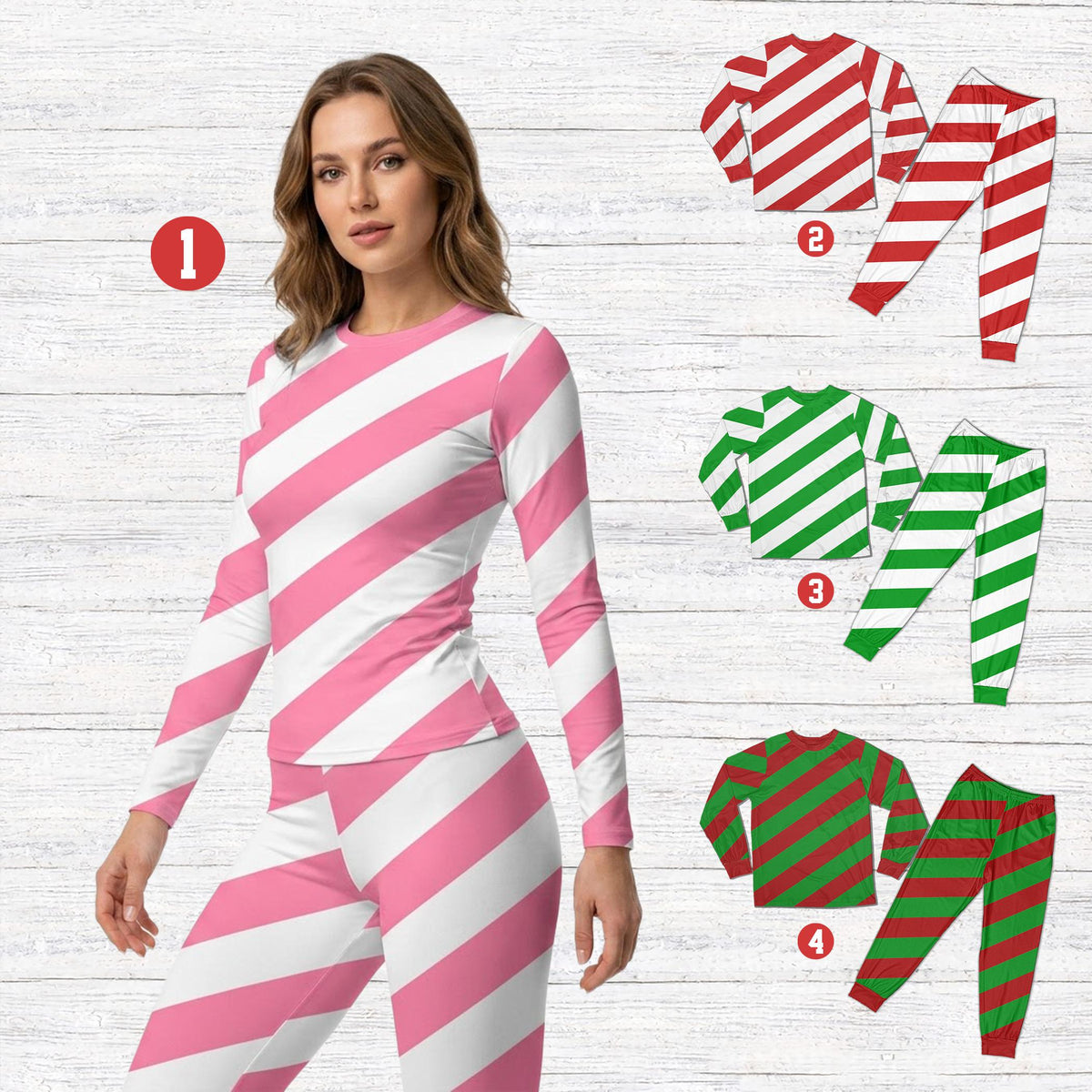 Family wearing matching candy cane stripe pajama sets, lifestyle view