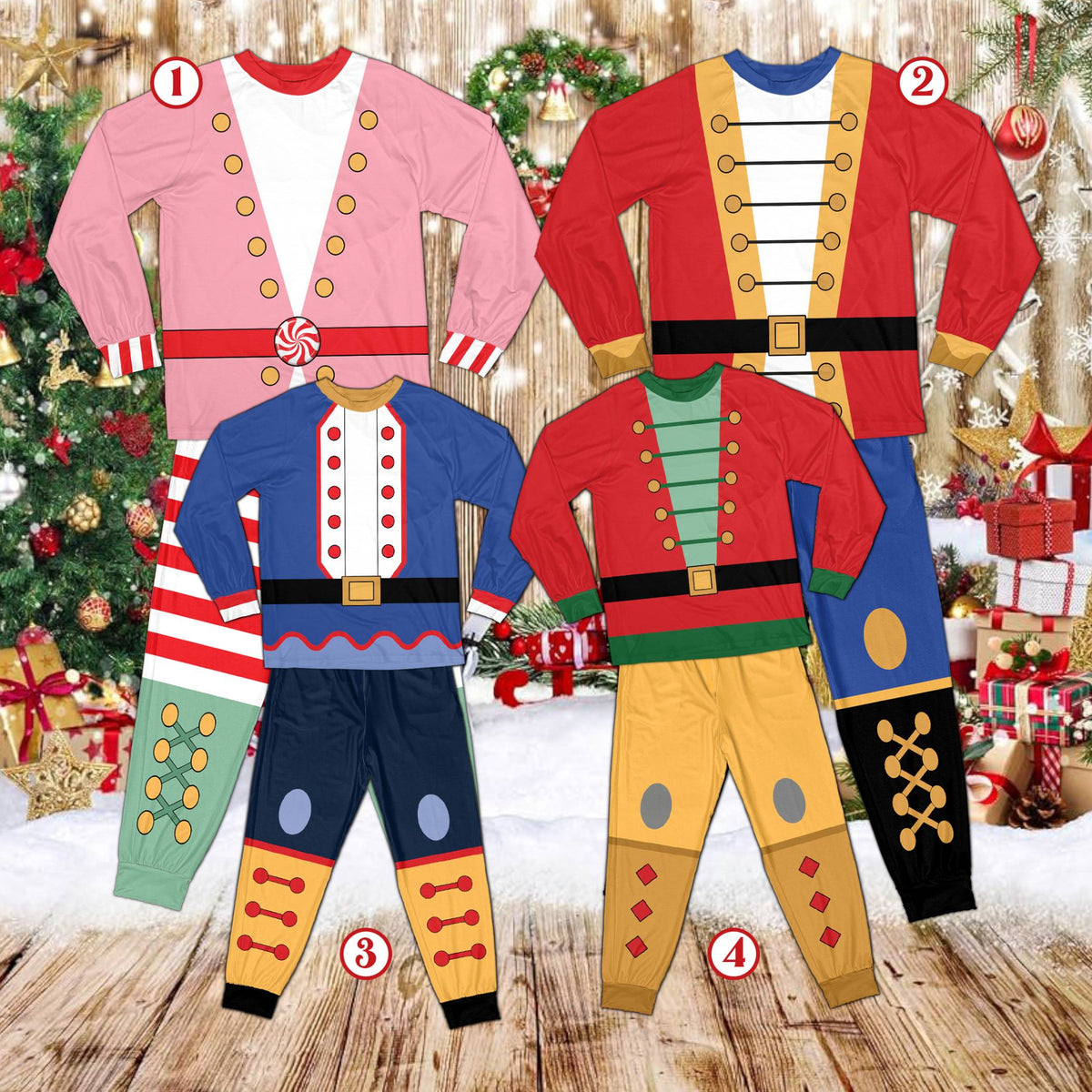 Family wearing matching holiday costume pajama sets, lifestyle view
