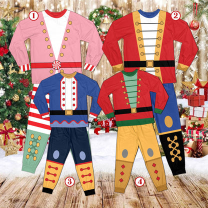 Family wearing matching holiday costume pajama sets, lifestyle view