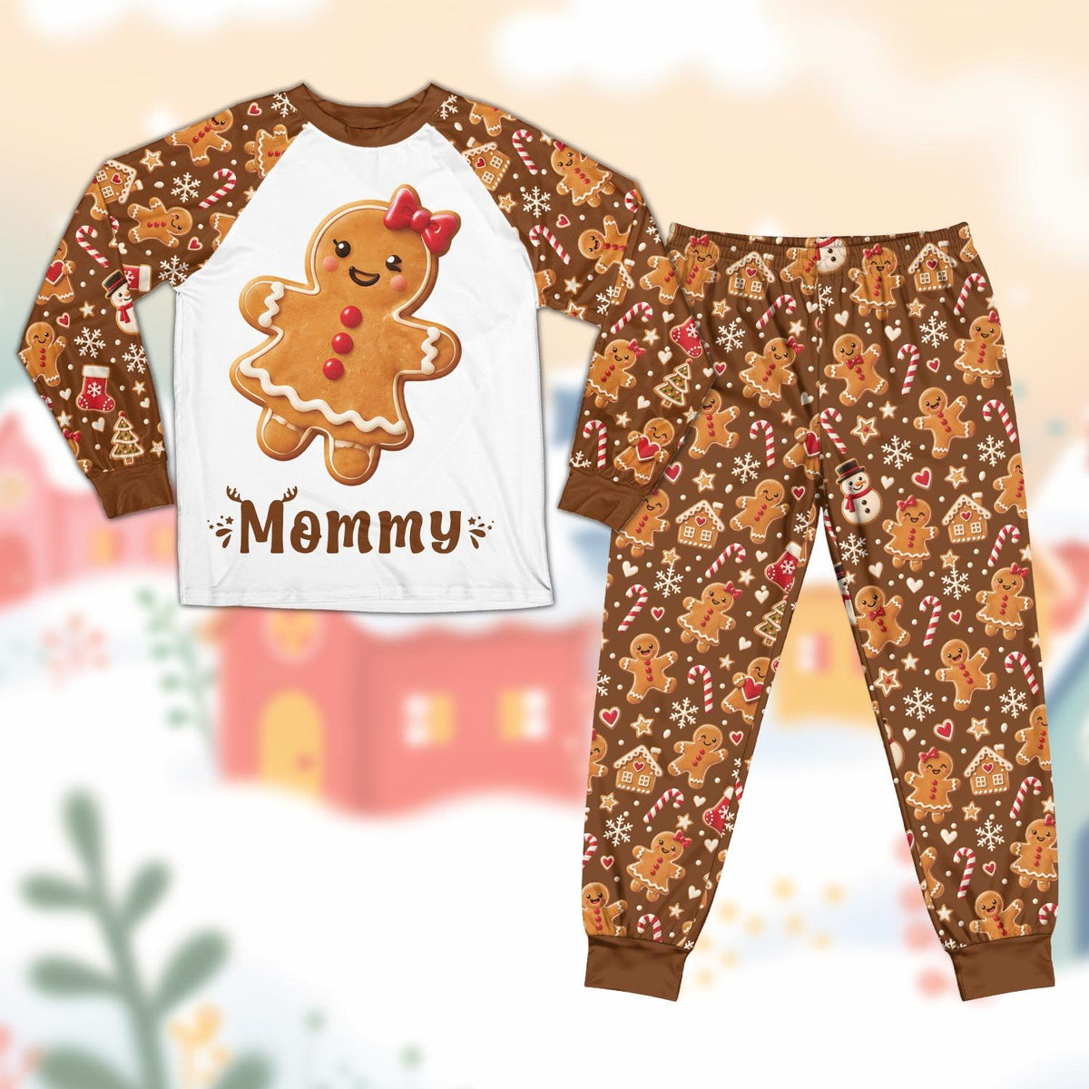 People gathered wearing brown and white personalized holiday pajama sets