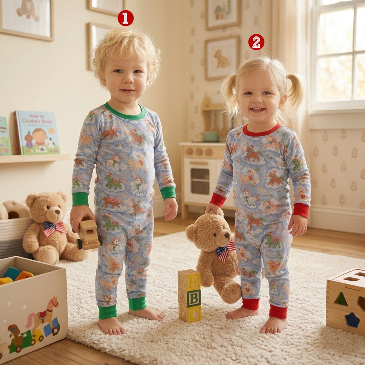 Family enjoying the holidays in their light blue matching family xmas pajamas