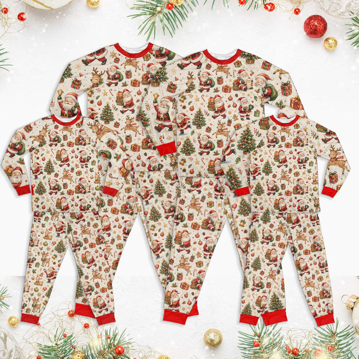 Close up lifestyle shot of the vintage holiday motifs on the pajama set