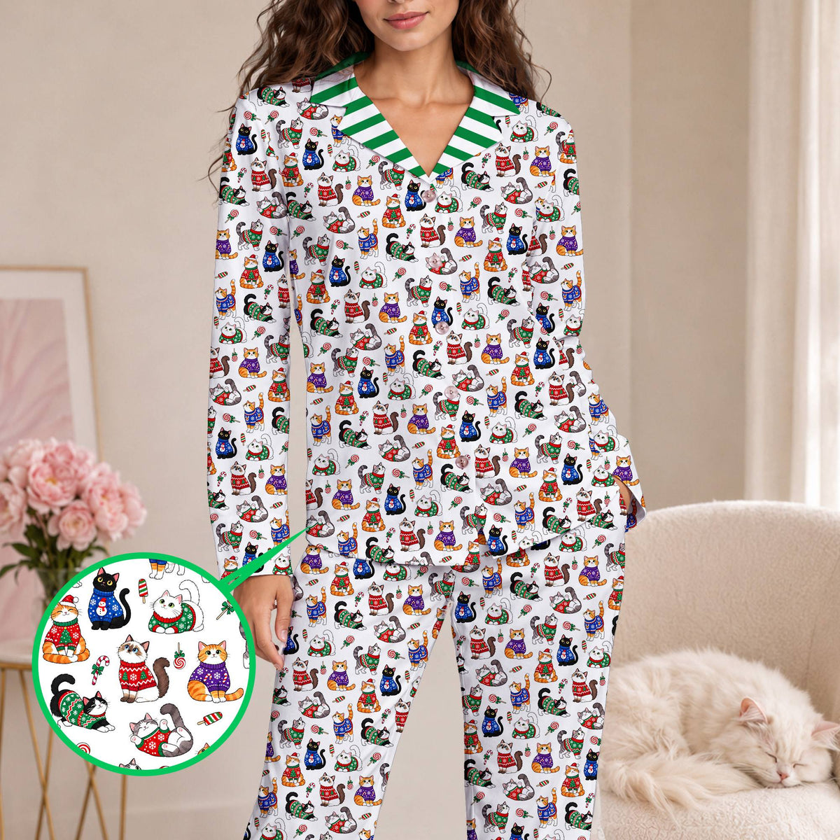 Lifestyle shot displaying the vibrant red, green, and white cat pattern