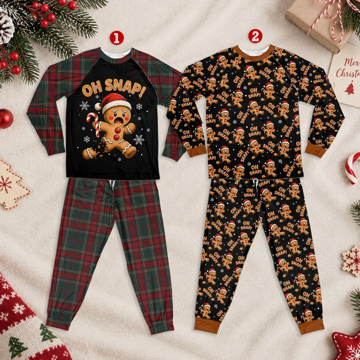 Close up lifestyle view of the Oh Snap gingerbread man graphic on the christmas pajama set