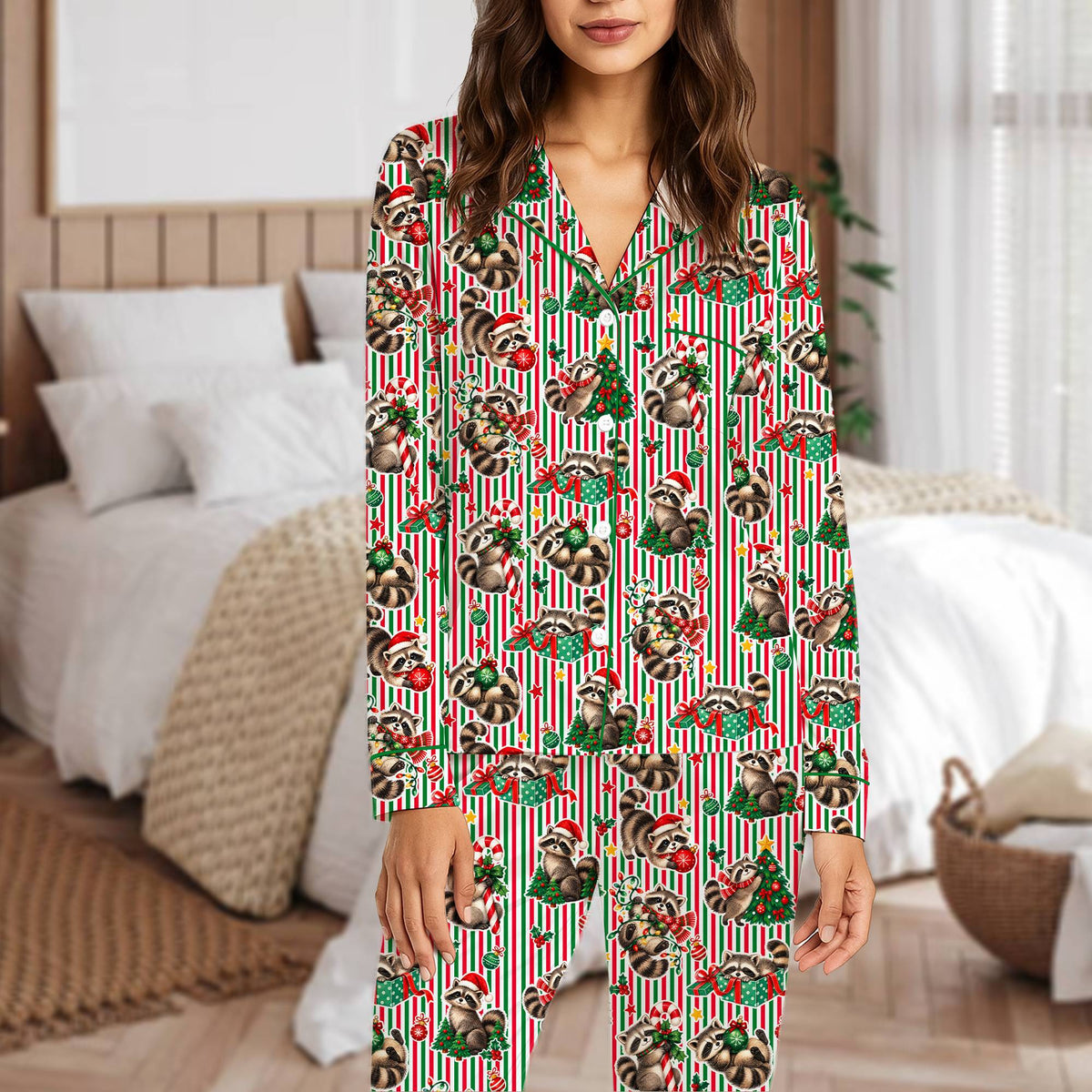 Fourth lifestyle view of the raccoon striped christmas pajama set
