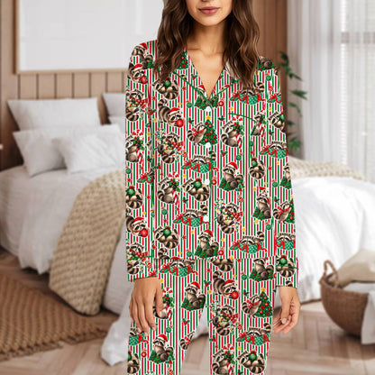 Fourth lifestyle view of the raccoon striped christmas pajama set