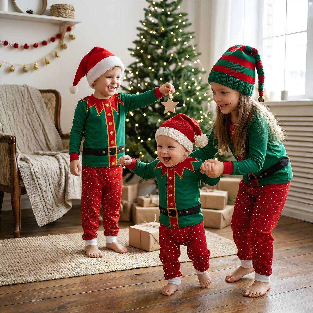 Kids wearing the classic elf costume design pajamas