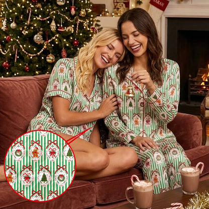 Group smiling while wearing the festive striped pajama sets