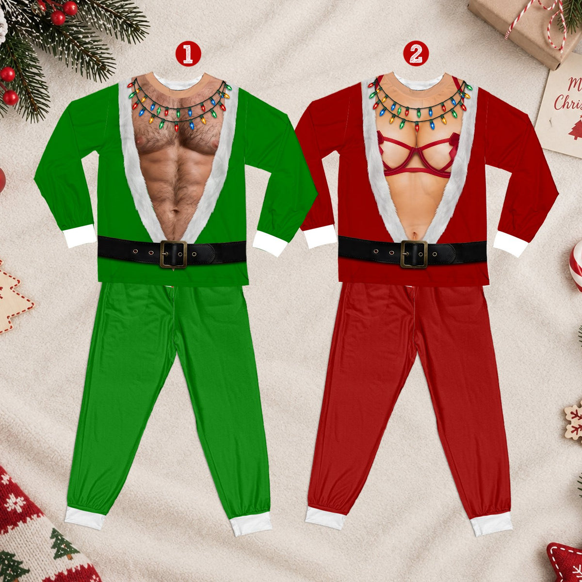 Family smiling together in their matching holiday pajama sets
