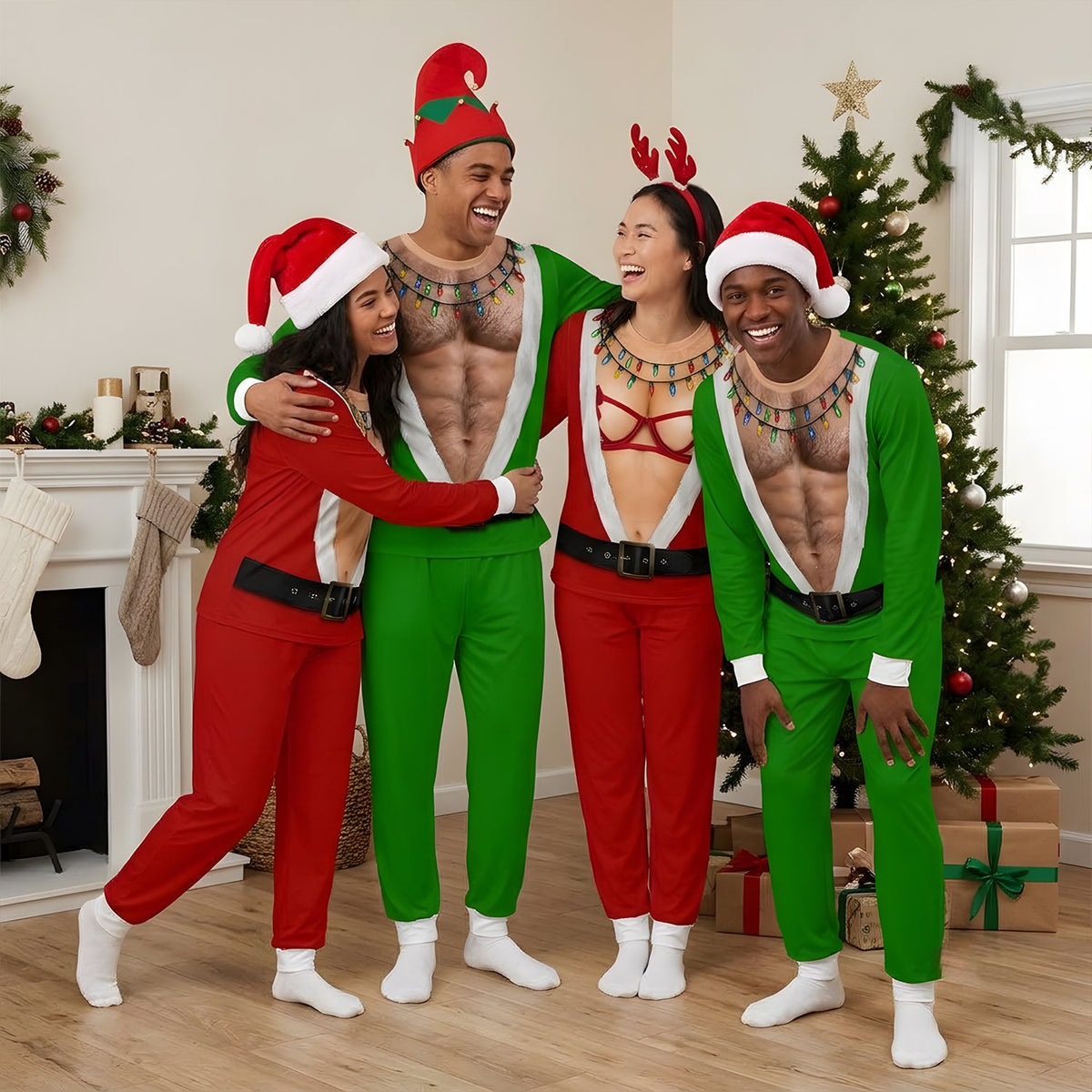 Another lifestyle view of the family wearing funny christmas matching pajamas