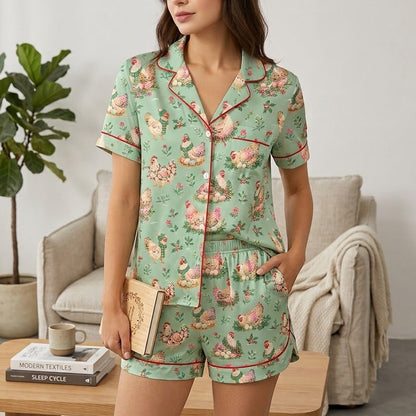 Lifestyle view of a family wearing the festive chicken and egg matching holiday pajamas