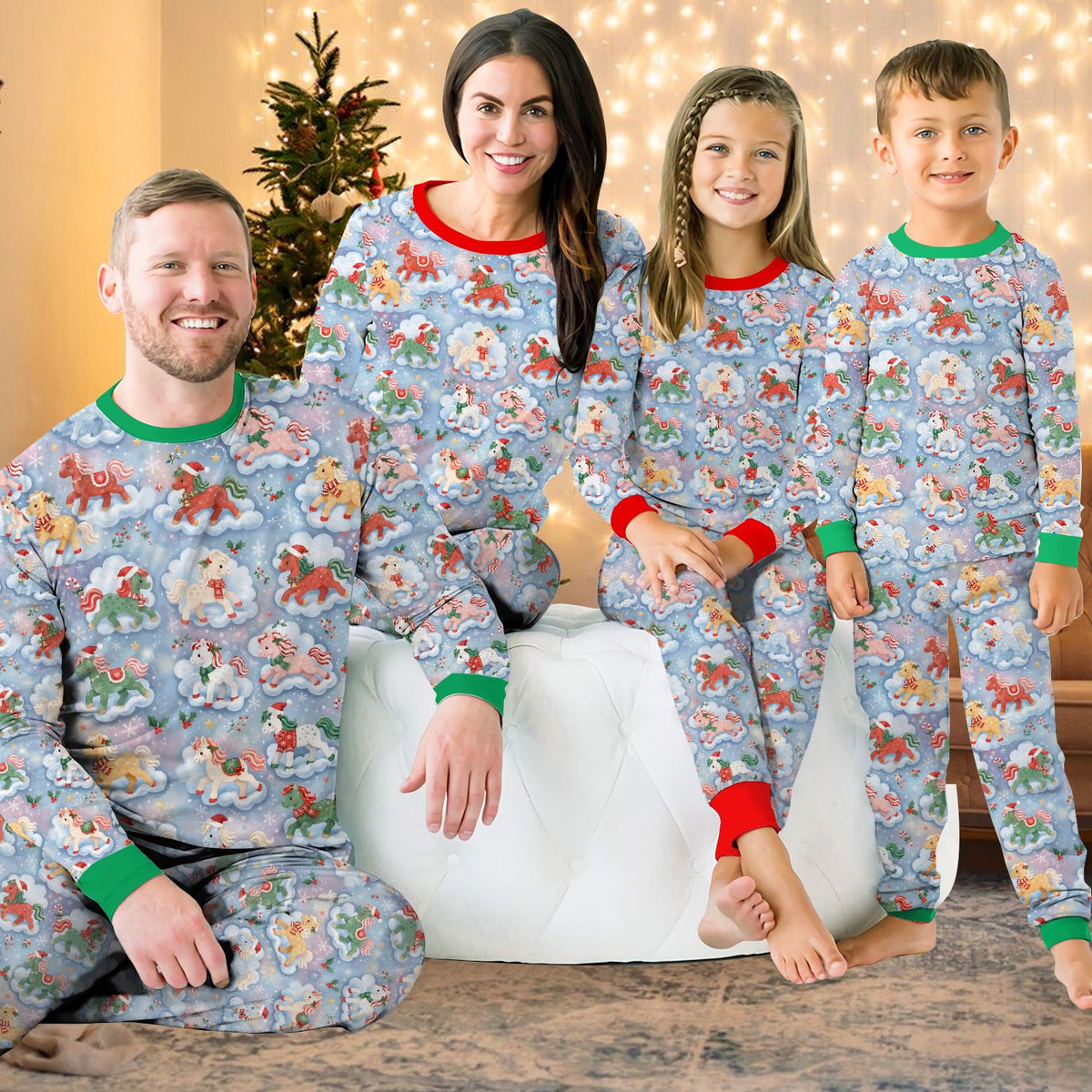 Lifestyle view of a family wearing the holiday matching family pajamas