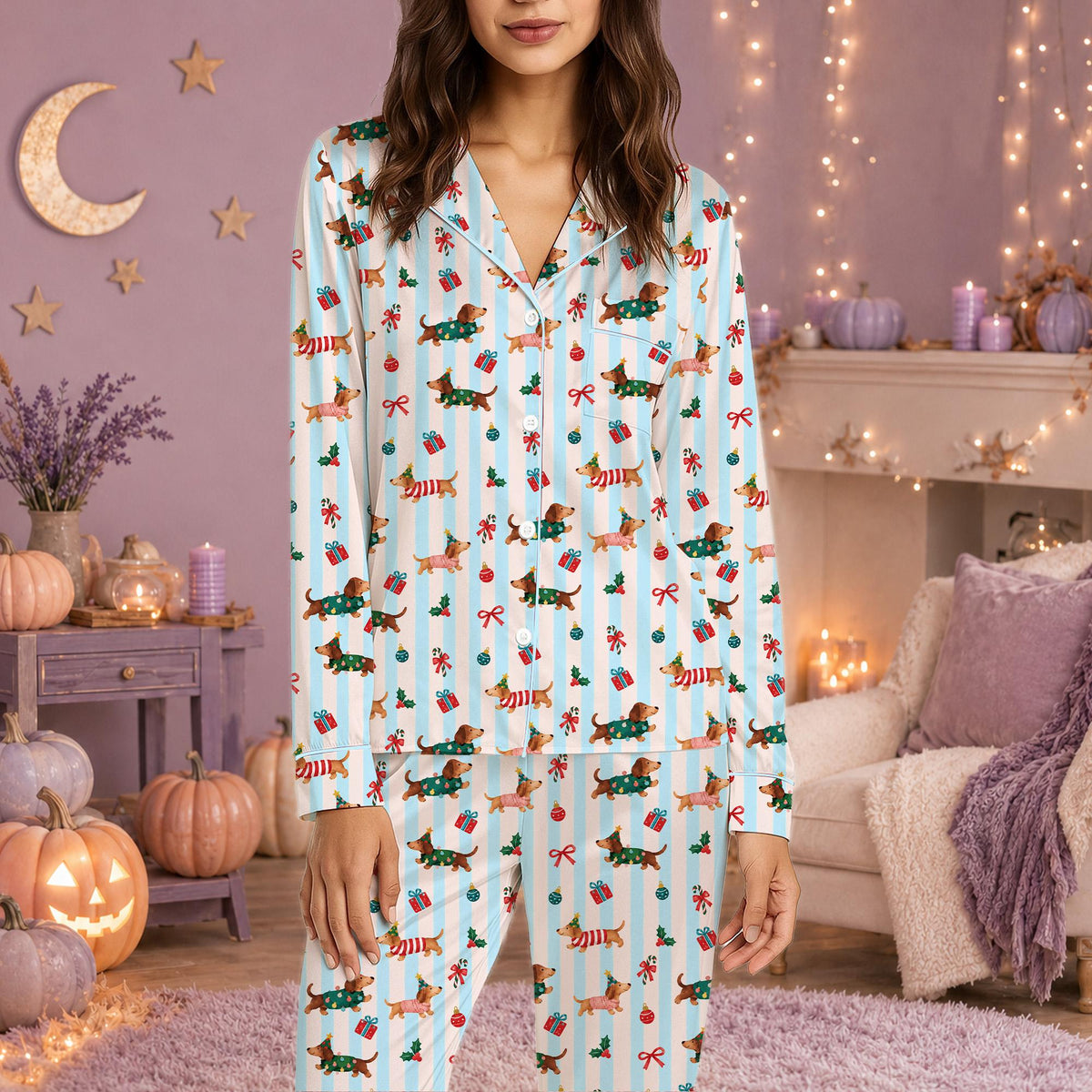 Lifestyle view of a family wearing the holiday matching pajamas