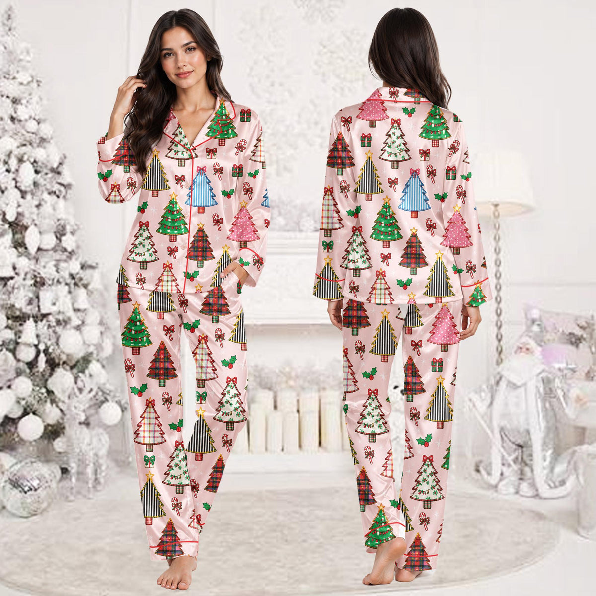 Lifestyle view of a family enjoying the holiday season in matching pink pajamas
