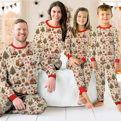 Family wearing matching family xmas pajamas laughing together
